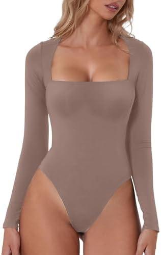 QINSEN Women's Sexy Square Neck Bodysuit Long Sleeve Double Lined Shirt Tops,S