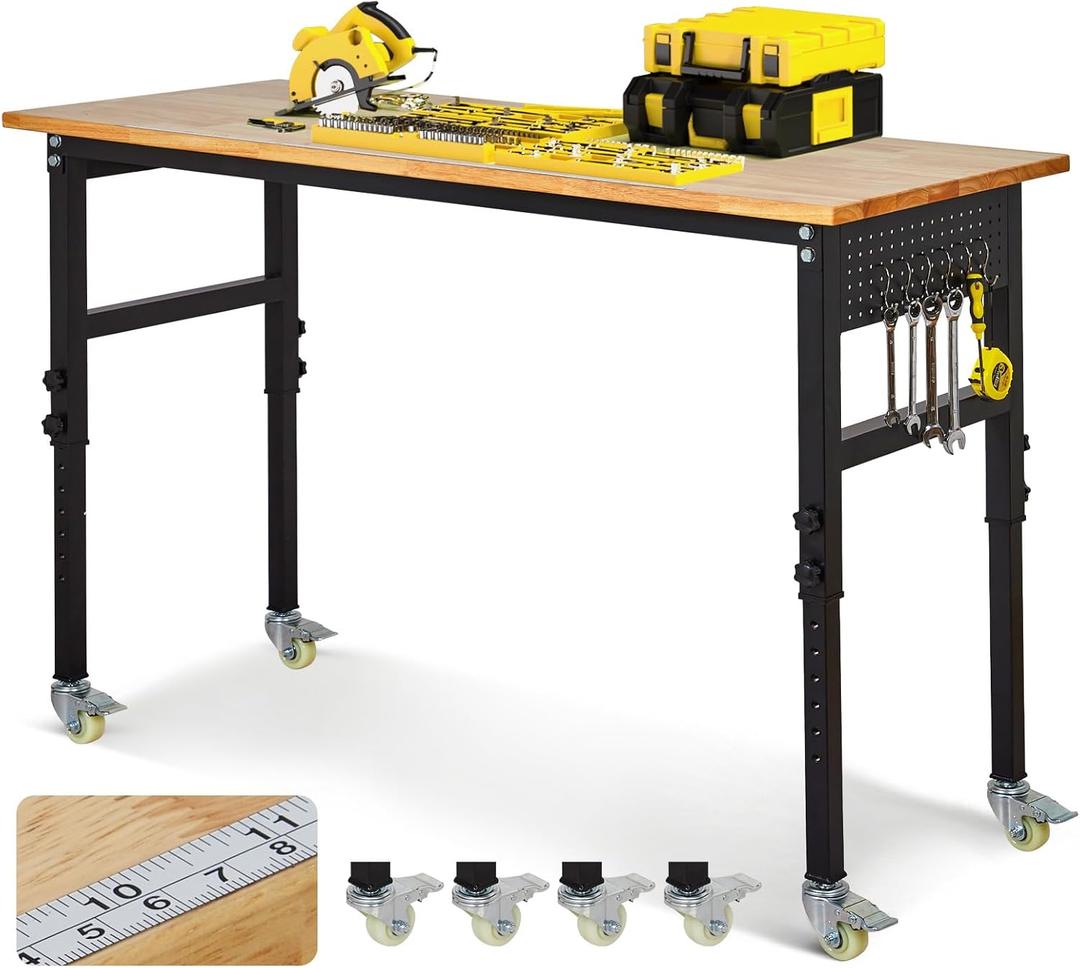 48" Adjustable Workbench, 2000 Lbs Capacity Rubber Wood Heavy Duty Work Table, 29.5"-39.4" Height Adjustable Workbench with Scales, Lockable Wheels & Pegboard, for Garage Workshop Office