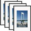 Wiscet 11x17 Picture Frame Set of 4, Display Picture 8x12 with Mat or 11x17 Poster Frame without Mat, Horizontal or Vertical Wall Mounting, Black