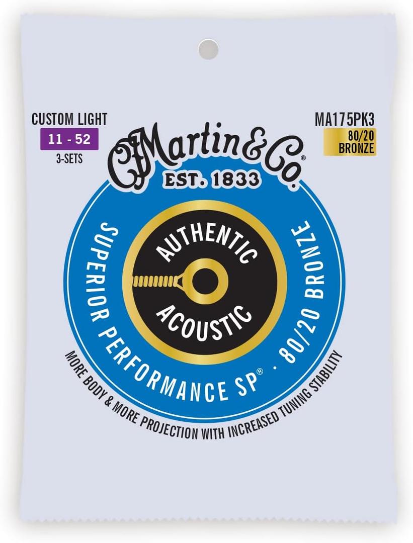Martin Authentic Acoustic Guitar Strings, Superior Performance Custom Light 11-52, 80/20 Bronze, 3 Pack