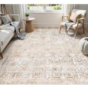 Collive Washable Area Rug 8x10, Neutral Boho Rugs for Living Room Rugs 8x10 Non Slip Farmhouse Modern Bedroom Carpet Stain Resistant Aesthetic Print Accent Floor Mat for Dining Guest Office - Beige