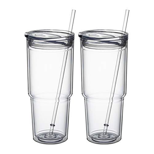 MEWAY 30oz/2 pcs Classic Insulated Tumblers,Double Wall Acrylic Tumbler with Lid，Reusable Plastic Insulated Tumblers with Straw，for cold drinks, sand ice, whatever you like (transparent,2 pack)
