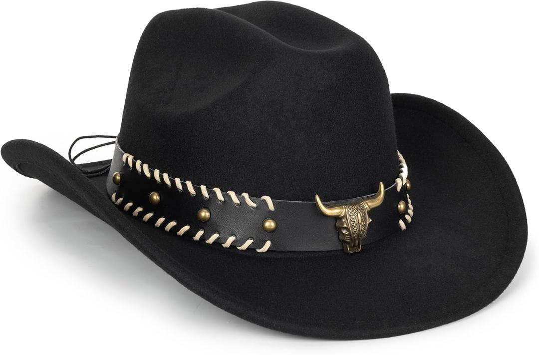 Vintage Western Cowboy Hat for Men Women - Wide Brim Cowgirl Fedora Hats with Braided Rope Band M (M)