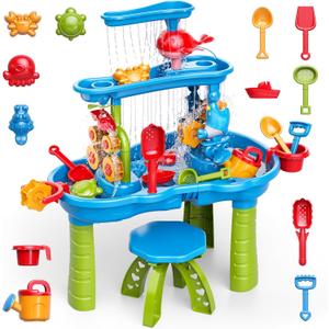 3-Tier Water Table for Kids Ages 3-5 4-8, Toddlers Outdoor Summer Water Table Beach Toys, Kids Activity Sensory Table Toddler Sand Box Play Table with Rain Showers Splash Pond for Boys Girls