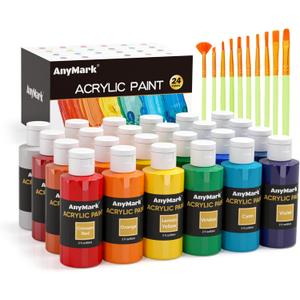 AnyMark Acrylic Paint Set, 24 Classic Colors with 10 Brushes, 2 fl oz/60ml Bottles, Art kit Painting Supplies for Adults Canvas, Rock, Wood
