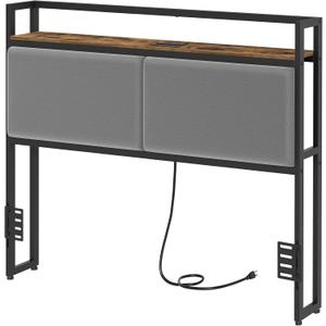 Queen Size Headboard Only, Upholstered Queen Headboard with Charging Station, Head Board with Open Storage, Height Adjustable, Vintage Style, Sturdy and Stable, Rustic Brown, Gray and Black