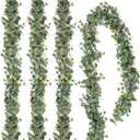 TOCHGREEN 4 PCS Artificial Eucalyptus Garland 5.9FT Faux Silver Dollar Greenery Garland Vines with White Flower Boxwood Fake Hanging Plants for Wedding Home Party Table Mantle Wall Decor