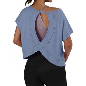 GRECERELLE Women's Open Back Workout Tops Backless Athletic Shirts Casual Crop Running Tee Y2k Yoga (Blue, XL)
