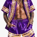 ZSJR Men Hawaiian Shirt Sets Satin Silk Casual Button Down Shirts 2 Piece Luxury Summer Beach Outfits, Size M