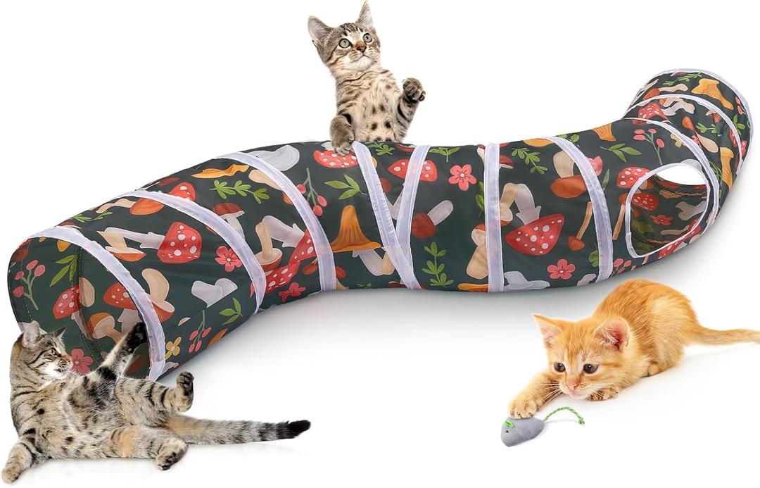 Glittme Cat Tunnel, Cat Tunnels for Indoor Cats, S-Shape Cats Cave with Cat Toys, Foldable Cat Tubes and Tunnels for Cats, Rabbit, Puppy, Guinea Pig,Black Mushroom