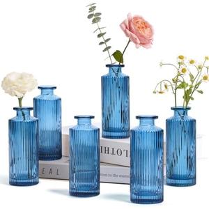 ComSaf Glass Bud Vases Set of 6, Small Bud Vase in Bulk, Mini Flower Vase for Centerpiece, Vintage Decorative Vase Set for Flowers, Wedding Reception, Home Decor, Housewarming Gift (Grey Blue)