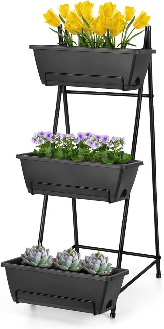 3 Tier Vertical Garden Planter Small Raised Garden Bed Freestanding Plastic Raised Planter Boxes Herb Planter Stand with Removable Tray for Indoor Outdoor Herbs Flowers Vegetables Plants Grey (Gray)