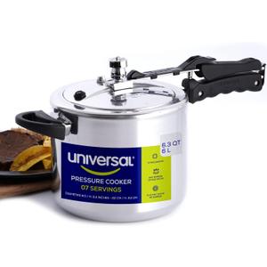 Universal (6.3 Quart / 6 Liter) Pressure Cooker, 7 Servings, Aluminum Pressure Cooker With Multiple Safety Systems and Heat Resistant Handles For Stews, Soup, Meat, and Beans