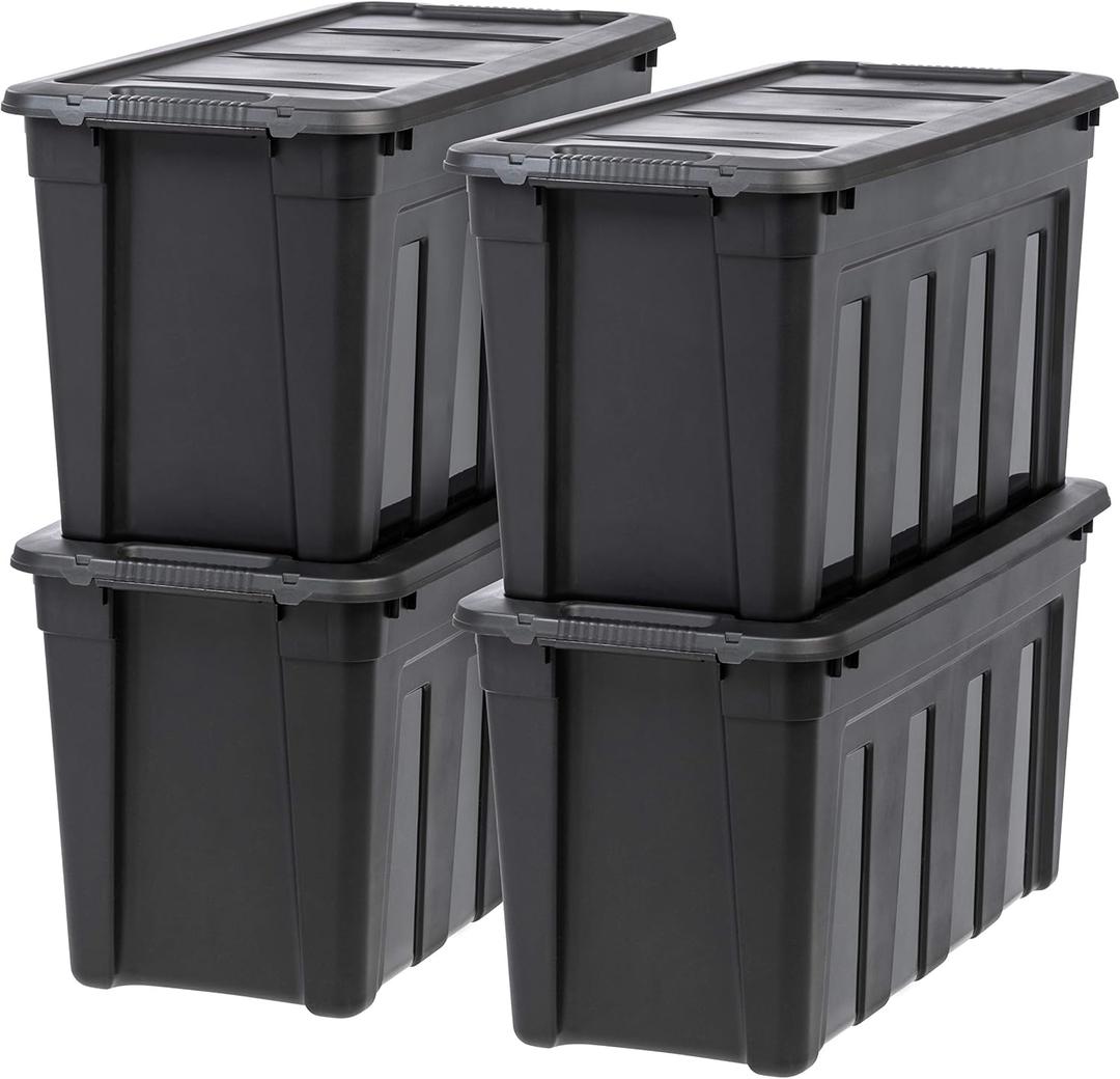 IRIS USA 31 Gallon Heavy Duty Storage Totes with Easy-Grip Handles, 4 Pack - Large Bins with Lids Garage Organizing Tubs, Durable Stackable Utility Containers, Made in USA - Black