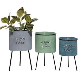 Deco 79 Metal Indoor Outdoor Planter Large Planter Pot with Flowers And Garden Text and Black Tripod Legs, Set of 3 Planters 20", 18", 16"H, Multi Colored
