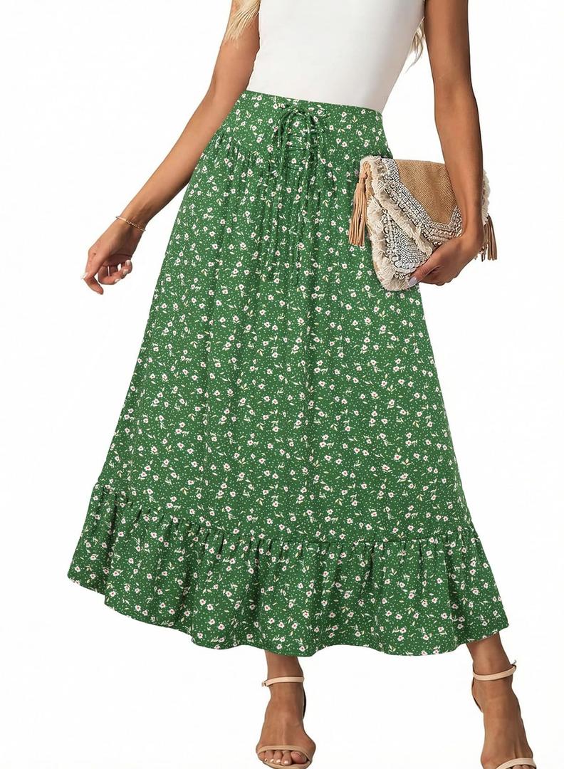 BLENCOT Long Skirts for Women Boho High Waisted Skirt Spring Summer Floral Print Smocked A Line Maxi Skirt Green X-Large (Green, XL)