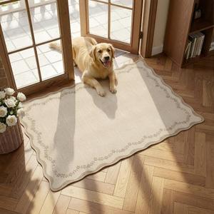 GarveeHome Scalloped Entryway Rug, 2x3 Solid Jute Washable Front Door Rug Indoor Entrance Floral Carpet Non-Slip Low Pile Throw Rugs for Kitchen Floor, Powder Room, Entry, Bathroom, Kids Room