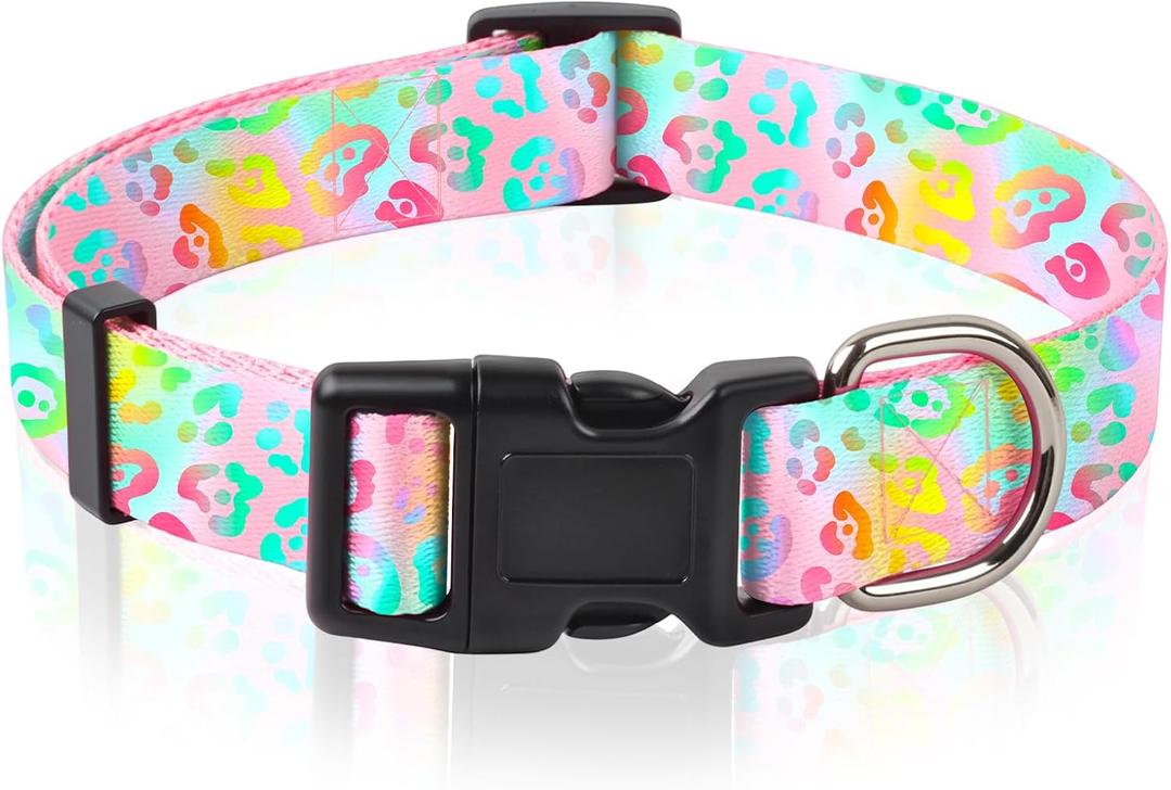 Leopard Dog Collar Cute Dog Collars for Girl Female Adjustable Cheetah Puppy Collars with Quick Release Buckle Soft Durable Puppy Collar for Large Dogs Pet Gift (Rainbow Leopard Print)