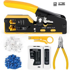 Wakhow RJ45 Crimp Tool Kit, Ethernet Pass Through Crimper, Network Cat5 Cat6 Cat7 Crimping Tool Repair Kit Includes Cable Tester, Mini Stripper, Blades, 50Pcs Connectors and Strain Relief Boots