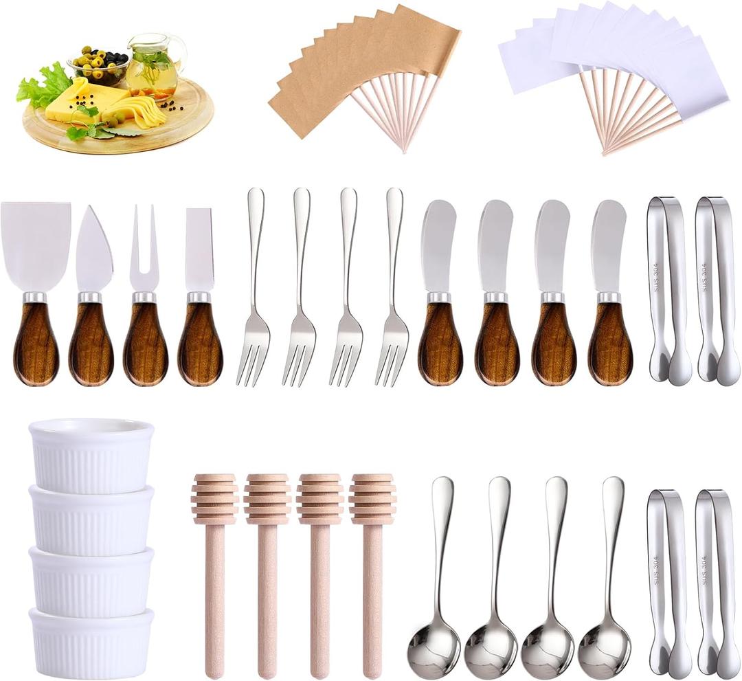 Charcuterie Boards Accessories(29 PCS) Cheese Spreaders for Charcuterie Board Mini Serving Spoon Fork Tongs Blank Toothpick Flags Bowl (Primary color)