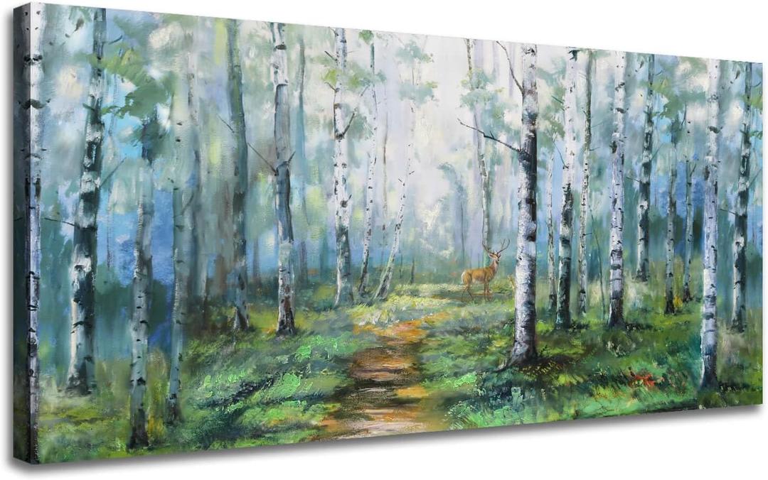 Enartly Landscape Wall Art Large Living Room Bedroom Wall Decor White Birch Tree Canvas Green Forest Painting Nature Picture Scenery Artwork Textured Framed for Bathroom Home Office Decoration 40"x20"