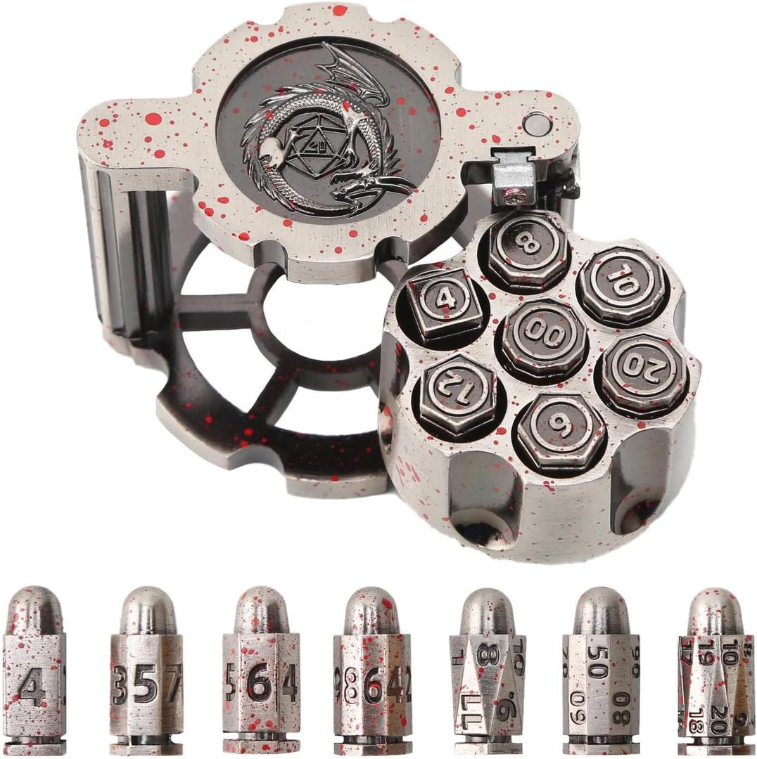 Polyhedral Bullet Dice Set, 7 Pcs Metal Bullet Dice with Spinning Revolver Cylinder Dice Holder for Western-Themed Role-Playing Games (Silver with Bloodstain)