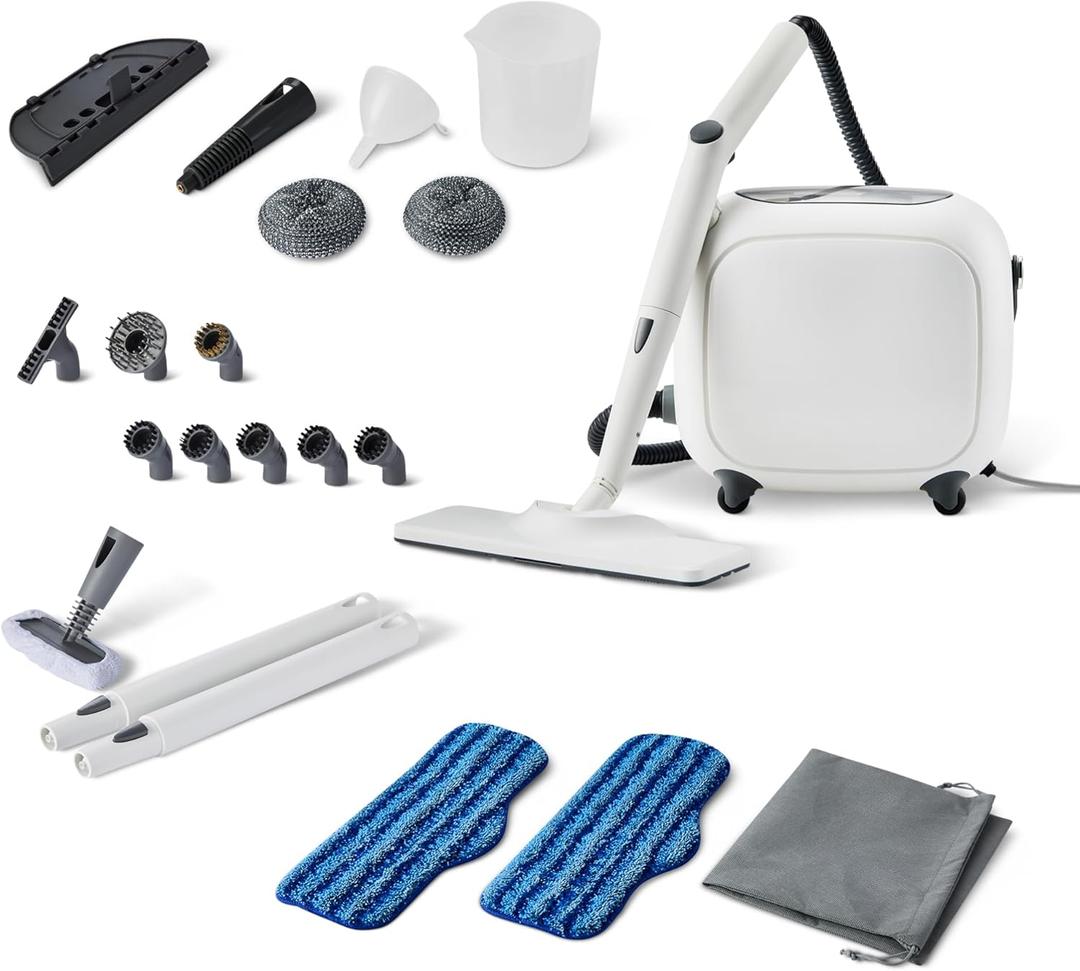 Amazon Basics Multipurpose Steam Cleaner for Home with 22 Accessories, Chemical-Free Cleaning, 51oz tank, 1500W, White