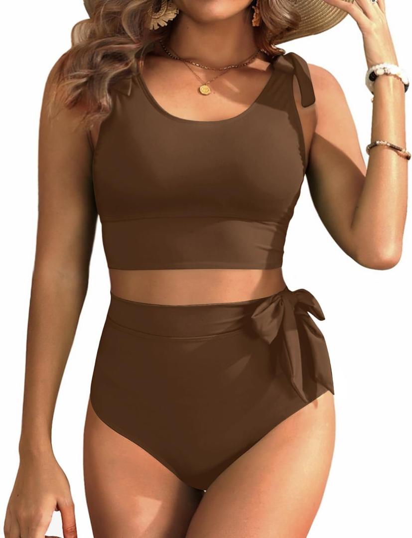 Two Piece High Waisted Swimsuits - Women Tummy Control Bikini Modest Bathing Suit 2PC 2025 (Medium, Brown)