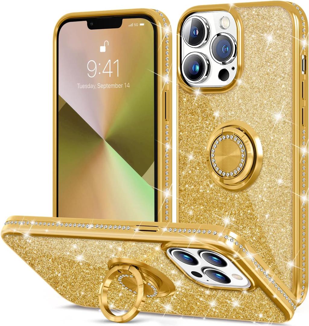 Thomo Compatible with iPhone 13 Pro Case 6.1inch,[Bling Kickstand] Cute Glitter Slim Bumper Diamond Cover Ring Holder Full-Body Protective Phone Case for iPhone 13 Pro Women Girls -Gold