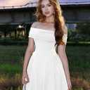 YMDUCH Women's Elegant Off Shoulder Short Sleeve A line Flowy Swing Cocktail Party Long Dress (White)