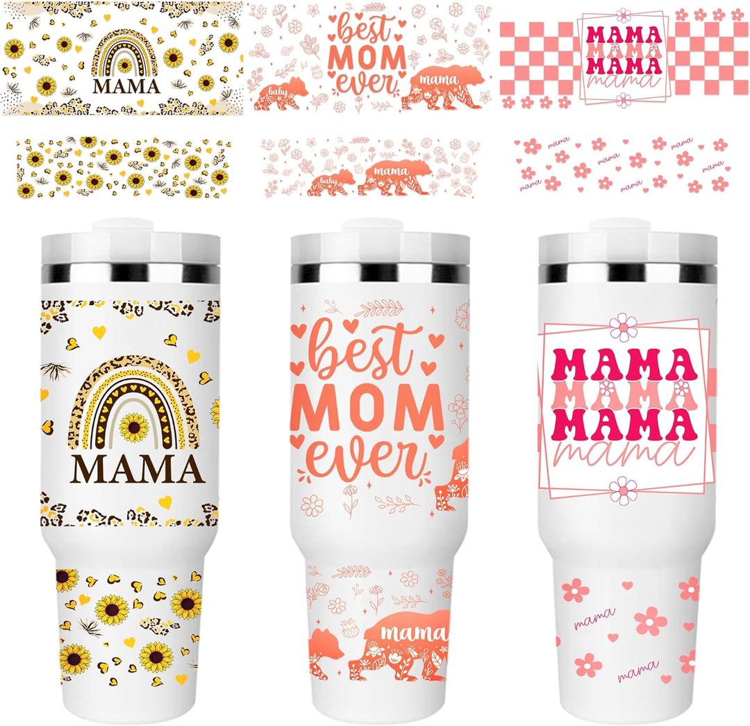 UV DTF Cup Wraps, 6 Sheet Mama UV DTF Transfer Stickers for 40 oz Tumbler, Sunflower Waterproof Uvdtf Cup Wraps, Personalized DIY Craft Supplies & Gifts
