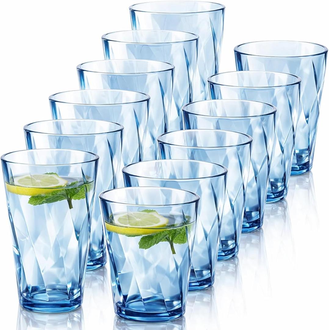 LemonRoad 12 Pack Reusable Plastic Drinking Glasses Set - 20oz & 13.5oz Stackable Tumbler, Shatter-resistant Highball Cups for Water, Cocktail, Iced Coffee, Indoor Outdoor Use, BBQ, Patio, Pool (Blue)