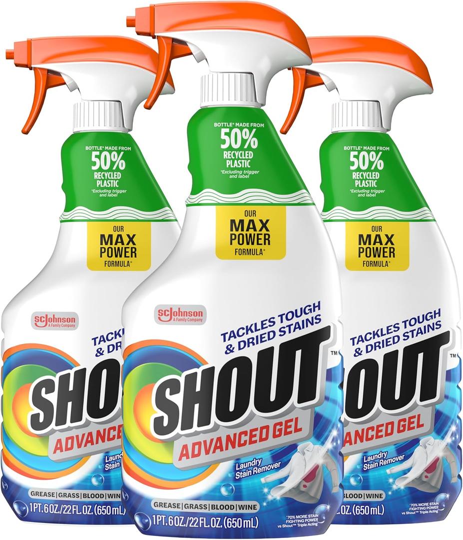 SHOUT Advanced Laundry Stain Remover Gel for Clothes Laundry, Breaks Down Stubborn, Dried-in, and Tough Stains, 22oz Spray, Pack of 3