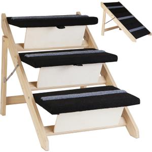 2-in-1 Indoor Pet Ramp, Wooden Folding 3-Tier Pet Stairs with Non-Slip Carpeted Steps, Ramp Perfect for Bed and Couch, Color (Wood)