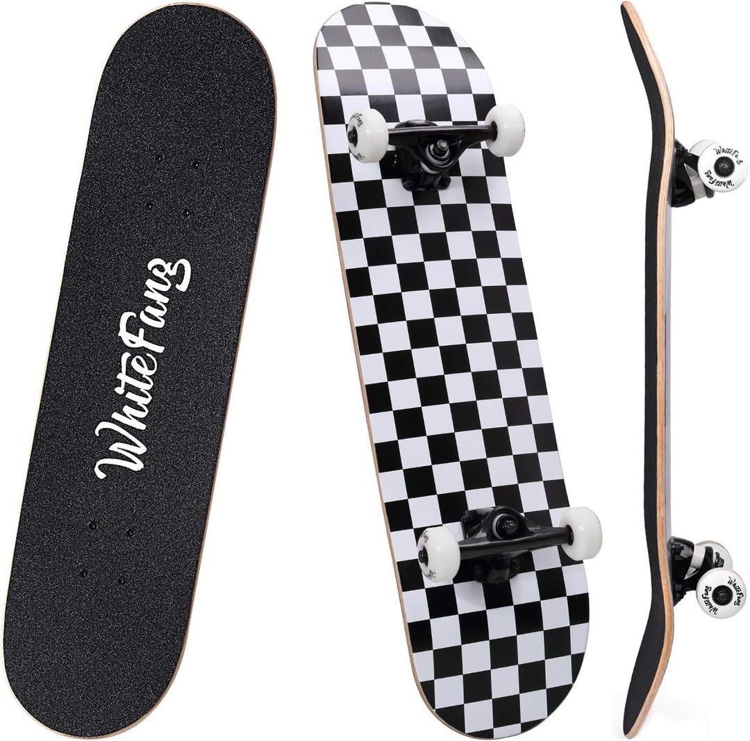 WhiteFang Skateboards for Beginners, Complete Skateboard 31 x 7.88, 7 Layer Canadian Maple Double Kick Concave Standard and Tricks Skateboards for Kids and Beginners (Check)