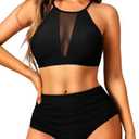 EHSUYAB 2 Piece High Waisted Bikini Set for Women, High Neck Bathing Suit Tummy Control, Ruched Full Coverage Modest Swimsuit, Black, M