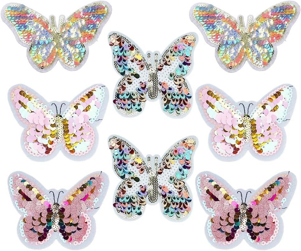 FINGERINSPIRE 8 PCS Sequin Butterfly Embroidery Patch 4 Styles Iron on/Sew on Butterfly Applique Patches Butterflies Shape Cloth Patches for Dresses Bags Clothes Costume Decoration Embellishments