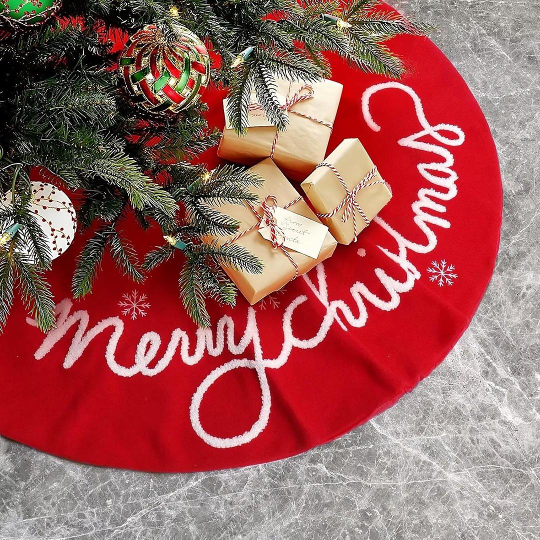 30 Inch Christmas Tree Skirt Large Plush Xmas Red Tree Mat with Merry Christmas Patterns Holiday Decor Fur Ornament for Home Party Indoor