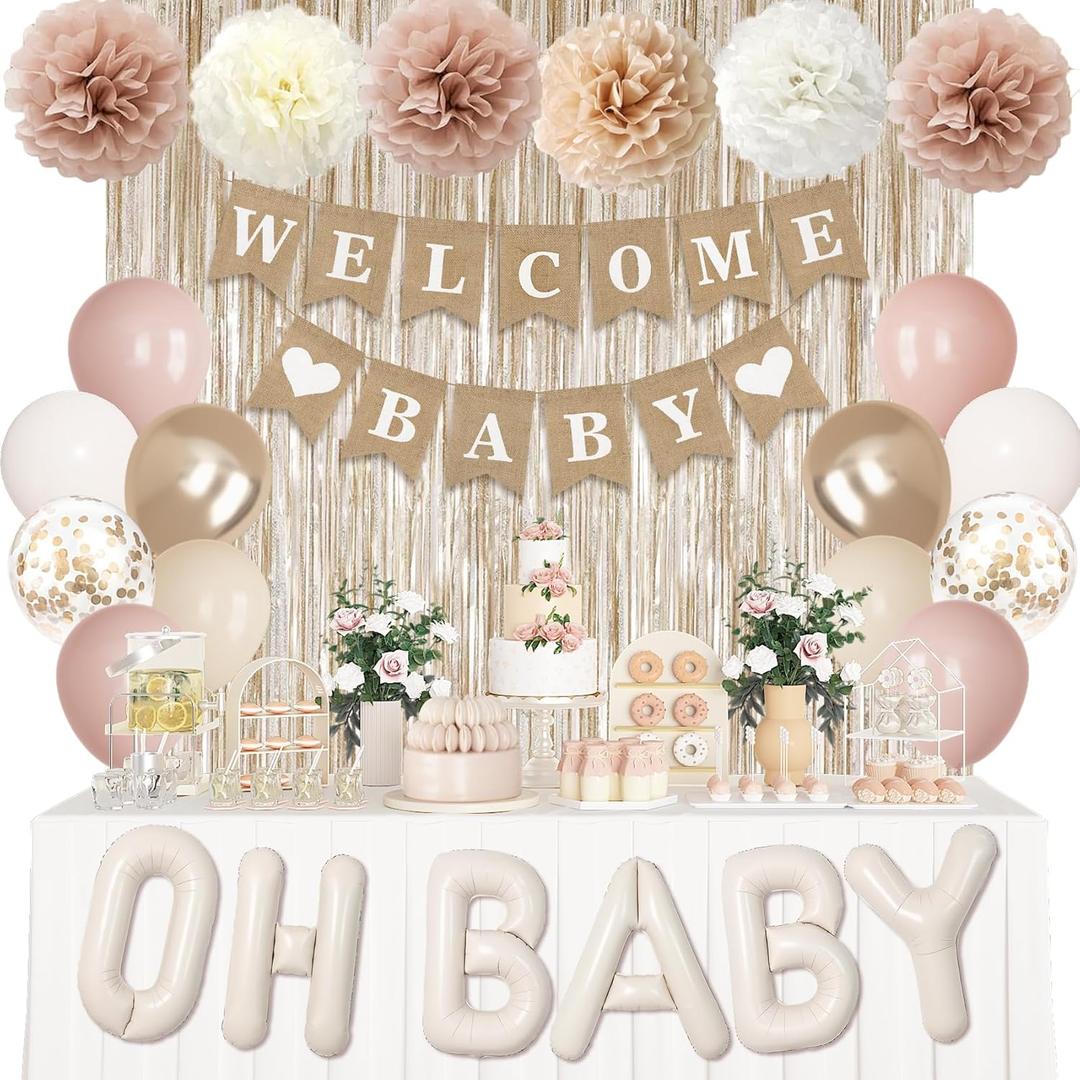 Ouddy Party Champagne Gold Boho Baby Shower Decorations for Girl with Welcome Baby Banner Dusty Pink White Nude Foil Balloons Fringe Curtain Paper Pom Poms for Baby Shower Gender Reveal Party Supplies