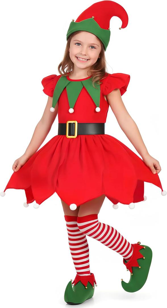 Gortykor Girls Elf Costume Christmas Elf Dress Suit for Girls Christmas Santa's Helper Costume (7-8 Years)