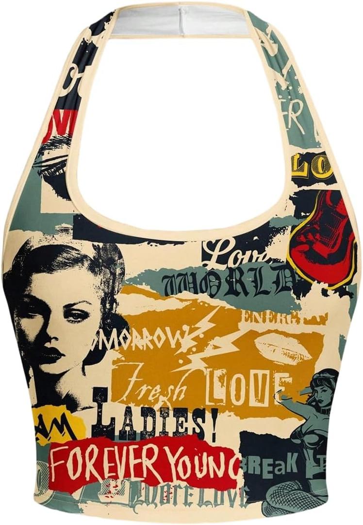 SOLY HUX Women's Y2k Crop Top Summer Halter Neck Slim Fit Tank Vintage Graphic Back to School Shirt Concert Rave Outfits (L)