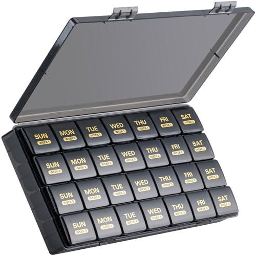 Monthly Pill Organizer, 28 Day Pill Box 1 Time a Day with Dust-Proof Case, Large 4 Weeks a Month Pill Case Container, Daily Vitamin Case Box for Pills/Medicine/Fish Oil/Supplements（Black）