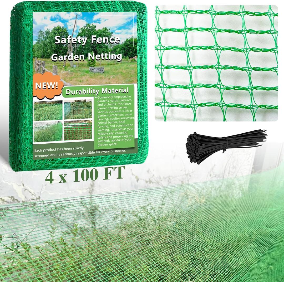 Garden Fence Temporary Fence, 4'x100' with 50 Zip Ties, Plastic Fencing Safety Fence Snow Fence, Construction Fencing for Garden Fencing, Animal Barrier, Poultry, Deer, Patio, Green