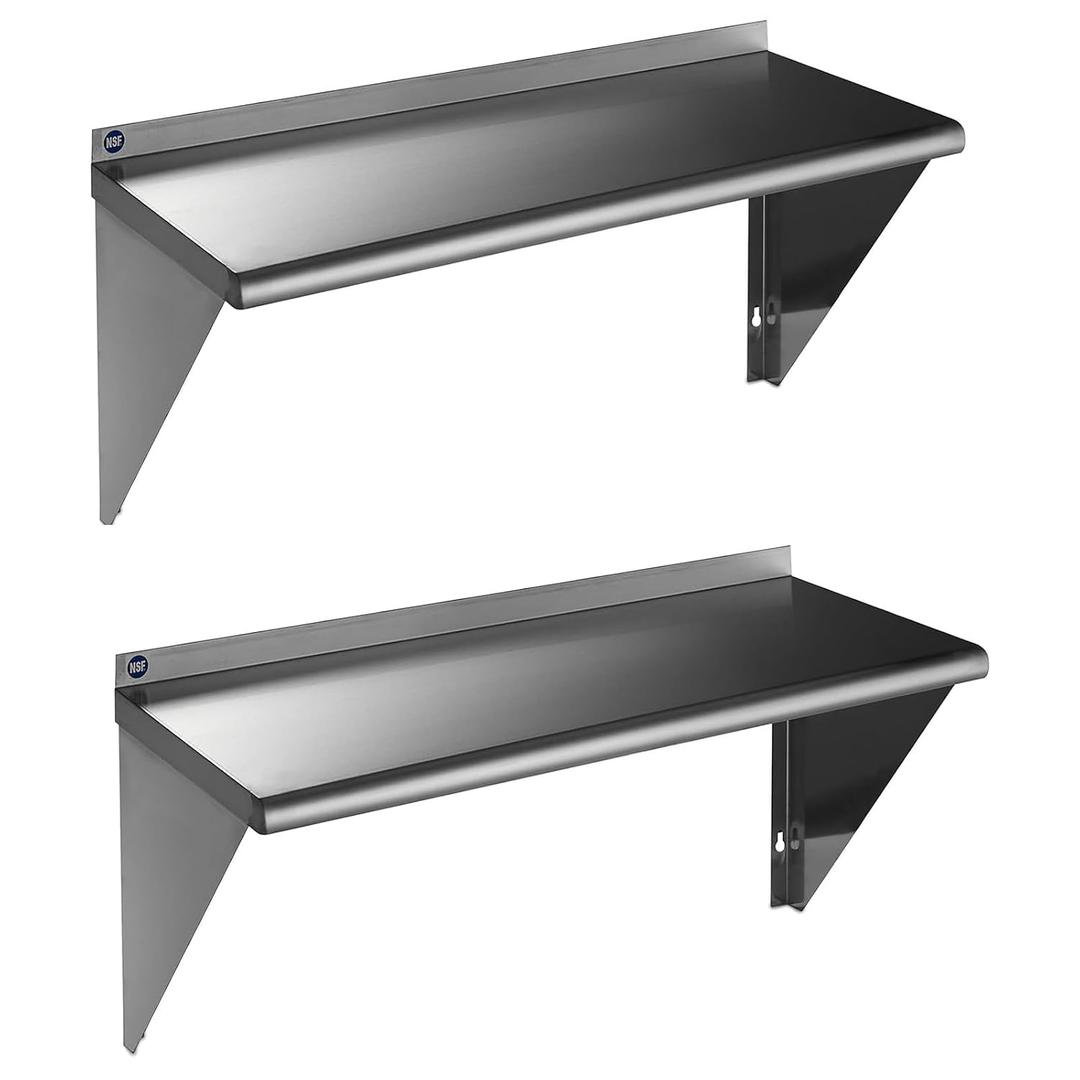 ROCKPOINT Stainless Steel Shelf 18 x 36 Inches 350lb, 2 Pack NSF Metal Commercial Shelves Wall Mount Floating Shelving with Backsplash for Restaurant, Kitchen, Home and Hotel, Silver