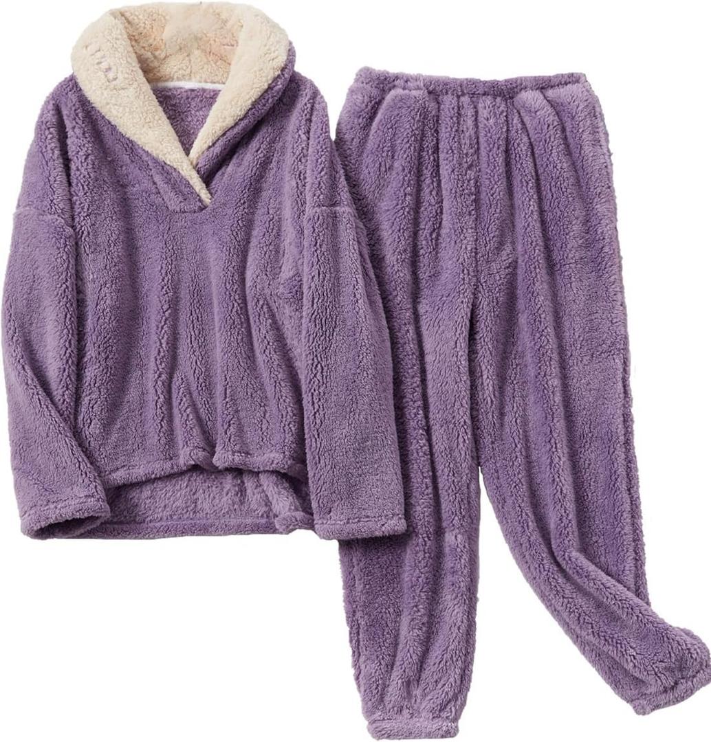 Women's Fluffy Loungewear Sleepwear Lounge Casual Pajamas Sets Loose Long Sleeve Fleece Pullover and Pants Set (01purple)