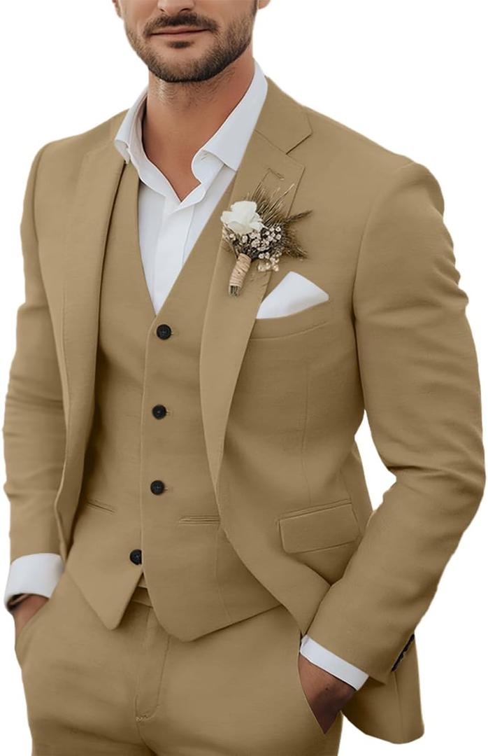 Men's 3 Piece Linen Suits Casual Lightweight Blazer Jackets Vest Pants Set for Wedding Business Prom Suit (Large, Khaqi)