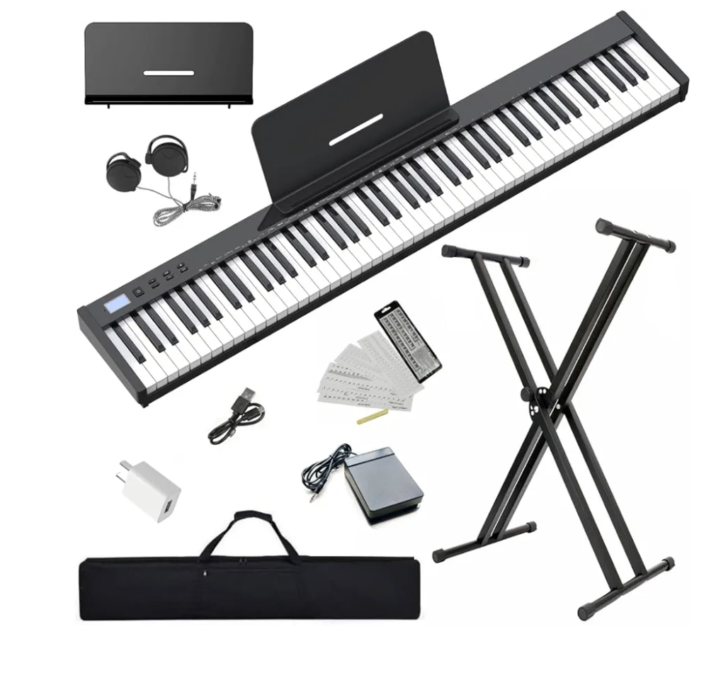 NikoMaku Semi-weighted 88 Keys Piano Keyboard Compact Portable Digital Piano Set for Beginners with Stand, Carrying Case, Sustain Pedal, Headphones, SWAN-S Black