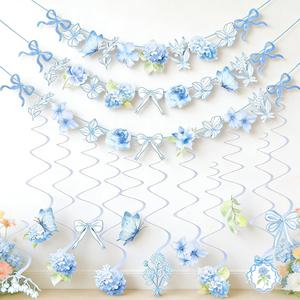 Blue Party Decorations, Blue Hydrangea Flower & Bow Themed Party Decorations, with 3 Pre-strung Flower Banners and 20 Hanging Swirls for Women Girl Birthday, Baby Showers, Bridal Showers, Birthdays, Tea Parties