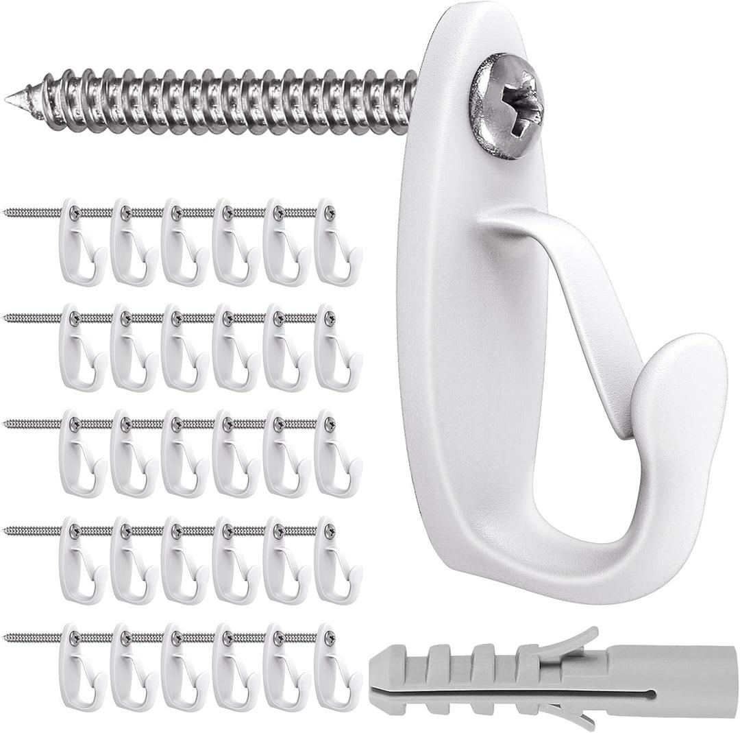 SELEWARE 30PCS Screw in Hooks for Hanging Outdoor String Lights, Windproof Christmas Light Hanger Hooks, Gray-White Wall Hooks for Patio Gazebo Fence to Hang Party Fairy Wire Lights, Wind Chimes