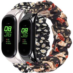 2 Packs Compatible with Amazfit Band 5/ Mi Band 5/ Mi Band 6 Bands for Women Girl, Scrunchies Cloth Soft Pattern Printed Fabric Wristband Bracelet Elastic Straps for Amazfit Band 5 Fitness Tracker